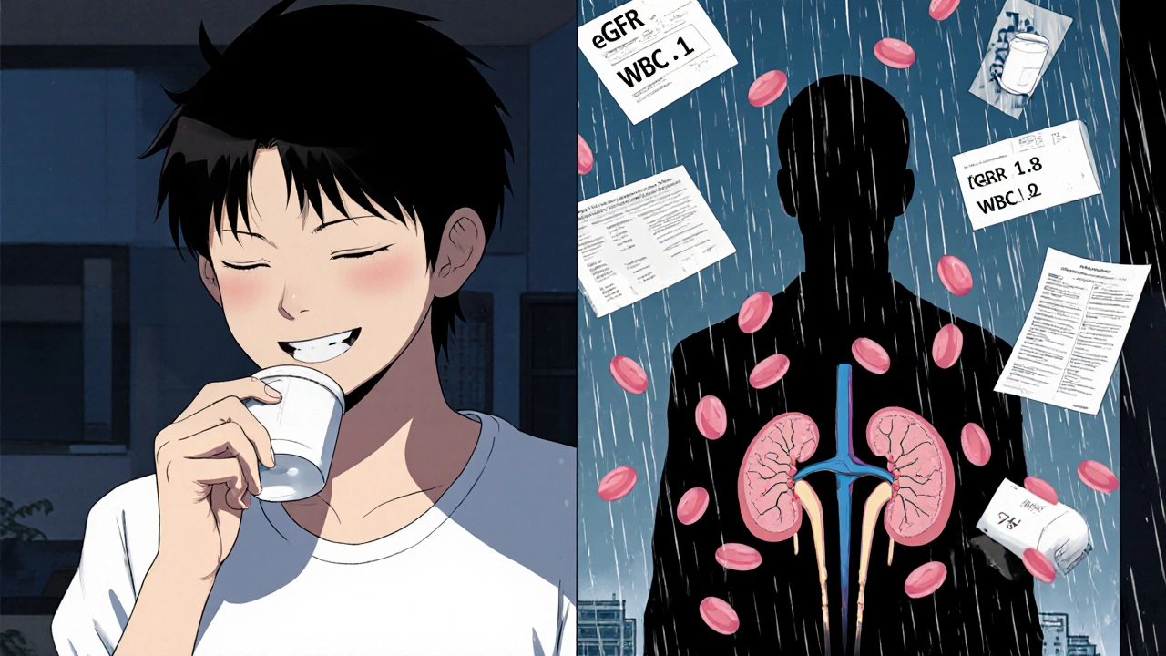 A patient’s shadow transforming into a skeletal form with failing kidneys and falling blood cells, representing silent toxicity.