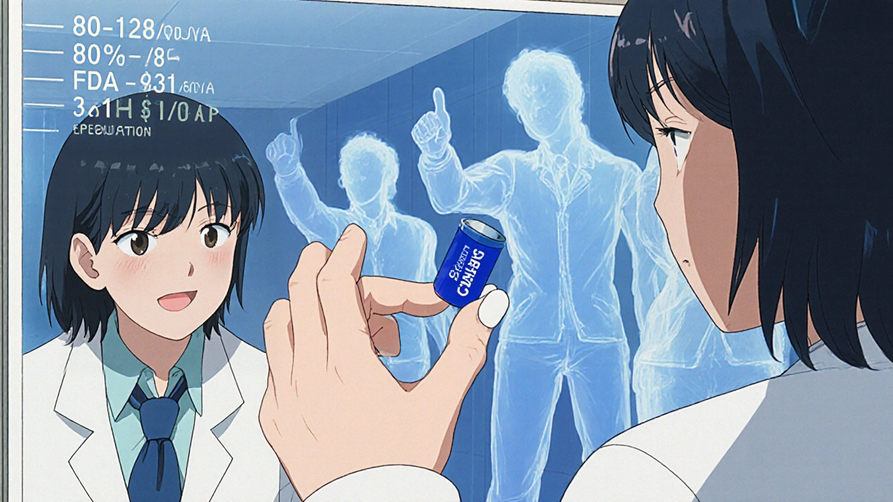 A person holding a generic pill, their mirror reflection showing calm and anxious versions, with medical figures and bioequivalence data floating around.