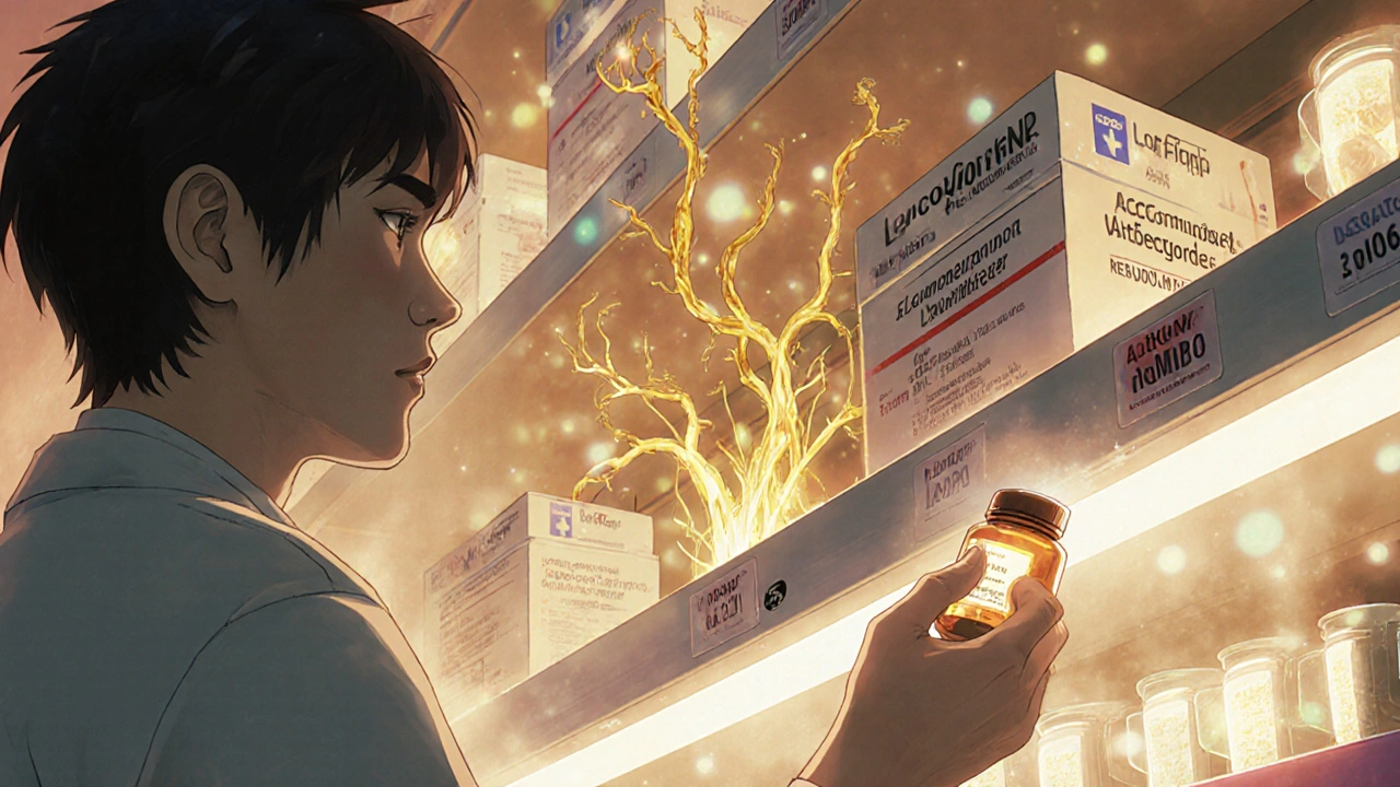 A pharmacist and patient in a pharmacy, with protective vines from acetaminophen shielding methotrexate from NSAIDs.