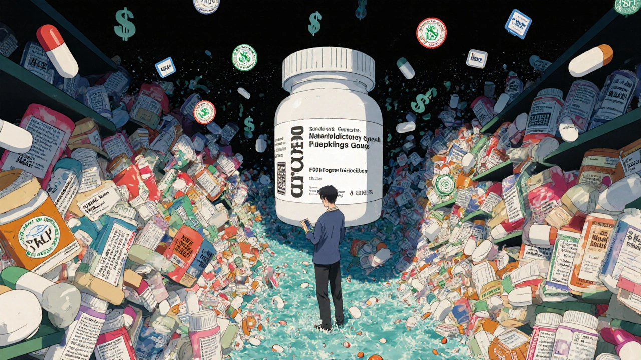 A river of colorful generic pills flowing past a towering brand-name bottle, with FDA seals and dollar signs fading away.