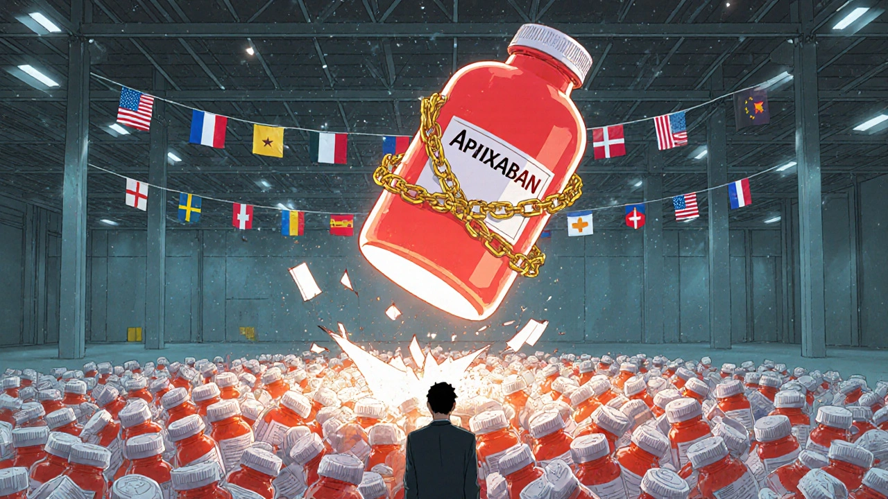 A single glowing generic drug rising from a sea of collapsing pills, with federal negotiators below.