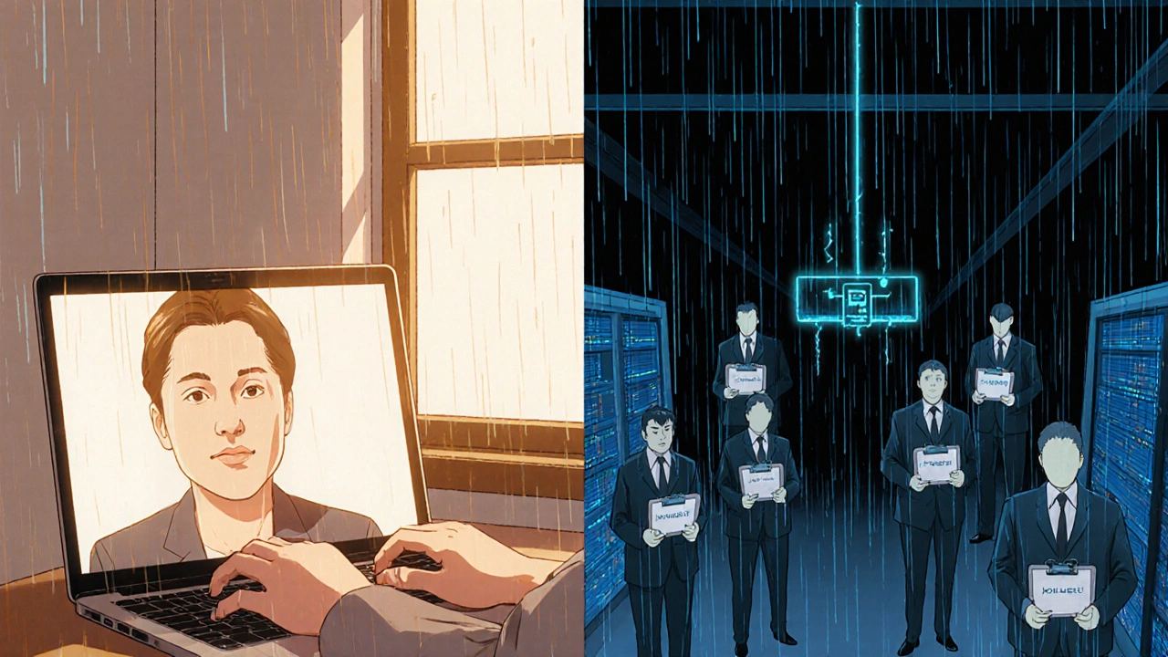 A teletherapy session on screen contrasted with invisible corporate data streams draining into a server farm.