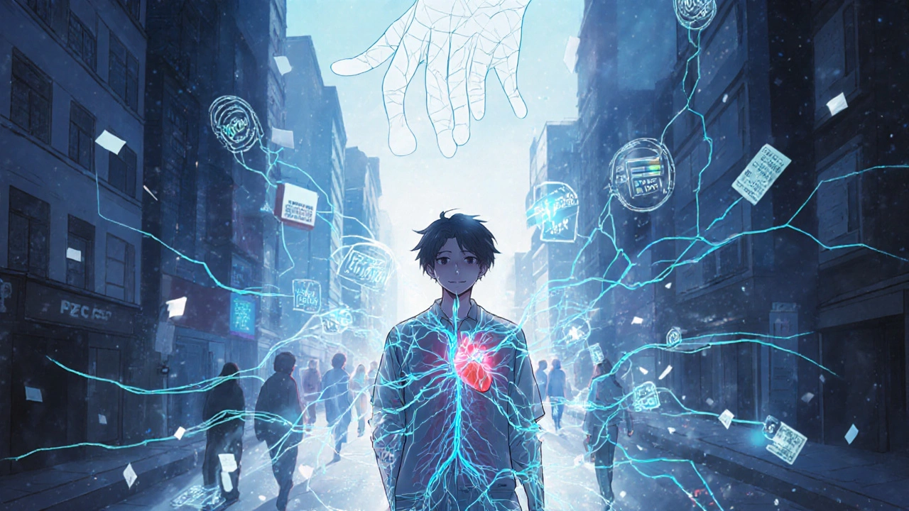 A translucent patient walks through the city as medical data streams connect them to distant healthcare systems.