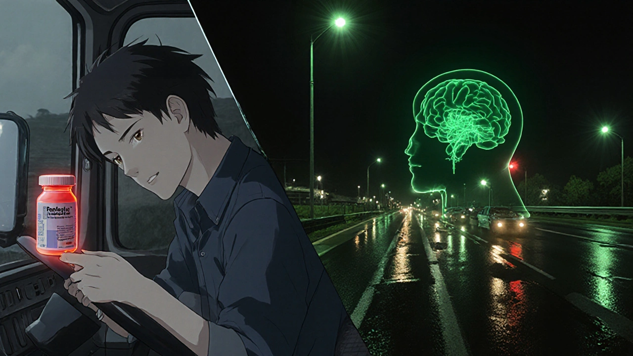 A truck driver contrasted between drowsy and alert states, with neural pathways showing how antihistamines affect the brain.