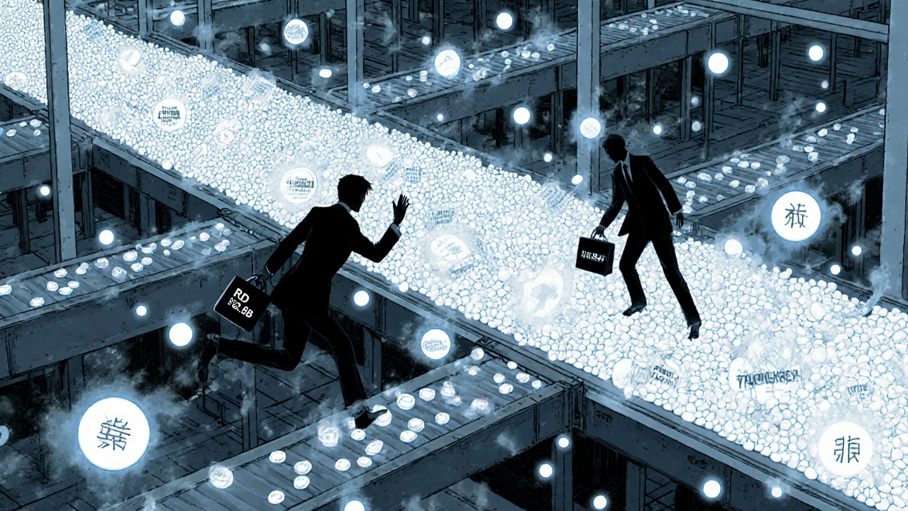 A vast warehouse with millions of generic pills flowing like a river, while corporate figures dissolve into smoke.