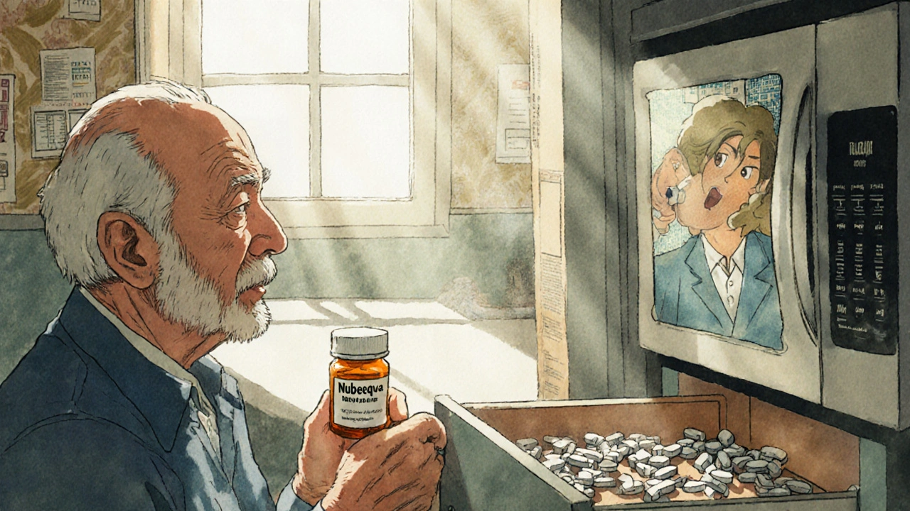 An elderly man holds one modern pill while an open drawer overflows with old Eulexin pills, morning light casting quiet reflection.