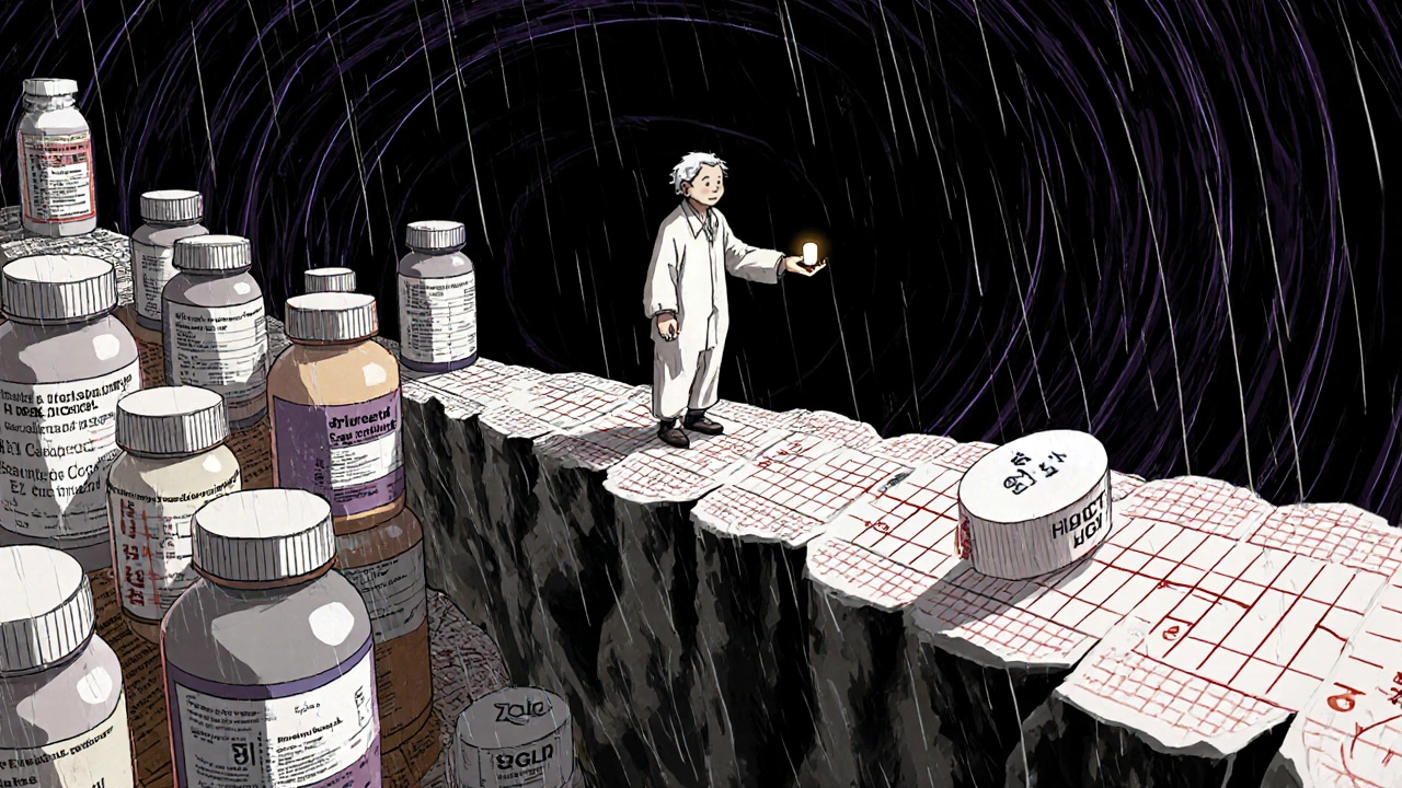 An elderly person at a cliff of pill bottles, facing a bridge of lab results, with a glowing SGLT2 inhibitor pill in hand.