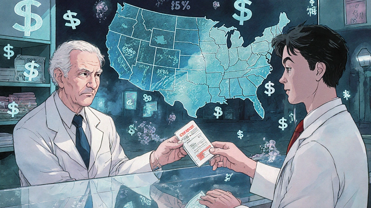 An elderly veteran receives a generic prescription at a pharmacy, with floating rebate data dissolving like petals.