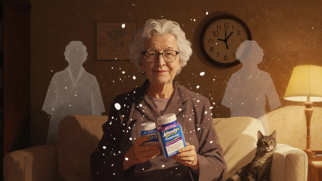 An elderly woman calmly taking Allegra as pollen floats around her, while older sedating medications fade into shadow.