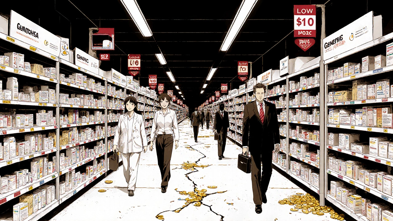 An endless pharmacy hallway shows patients thriving on generics while shadowy figures drain savings into briefcases.