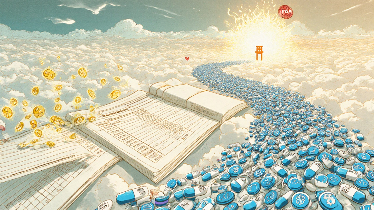 An infinite financial ledger with yearly savings represented by glowing pills, from .1B in 2019 to 5B in 2023.