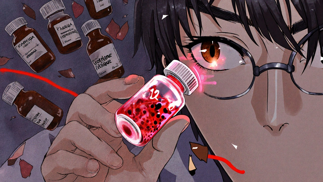 Close-up of blood vial glowing with ketones, reflected in a doctor&#039;s eye, prescription bottles shattering into symptom-labeled petals.