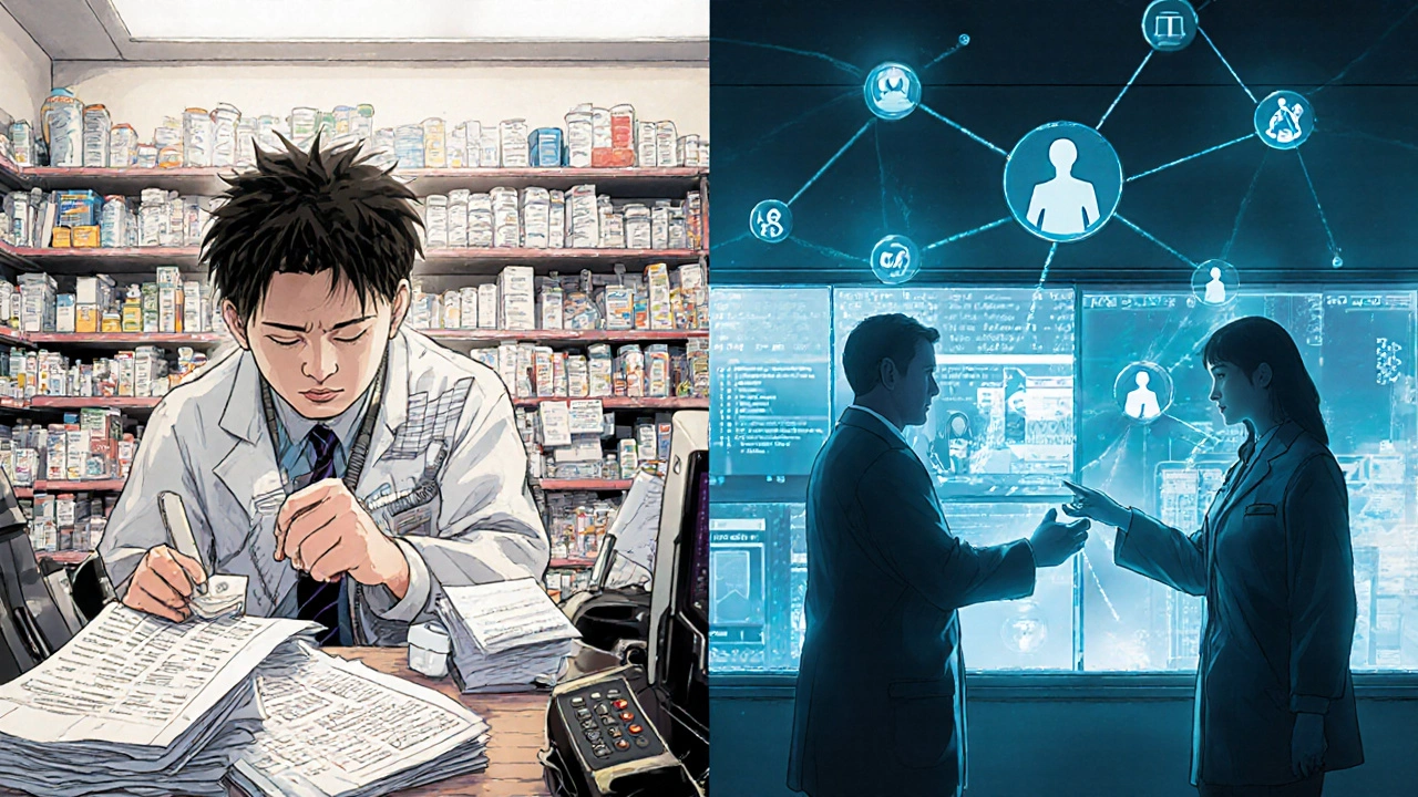 Contrasting scenes of a stressed community pharmacist versus a connected hospital pharmacy with digital data flows.