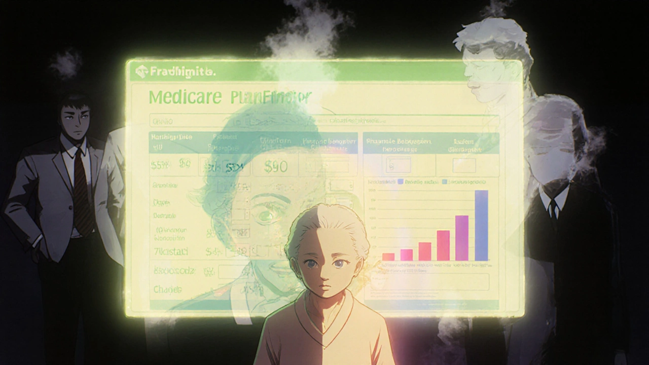 Elderly woman facing a holographic Medicare price comparison screen, with hidden industry figures in the background.