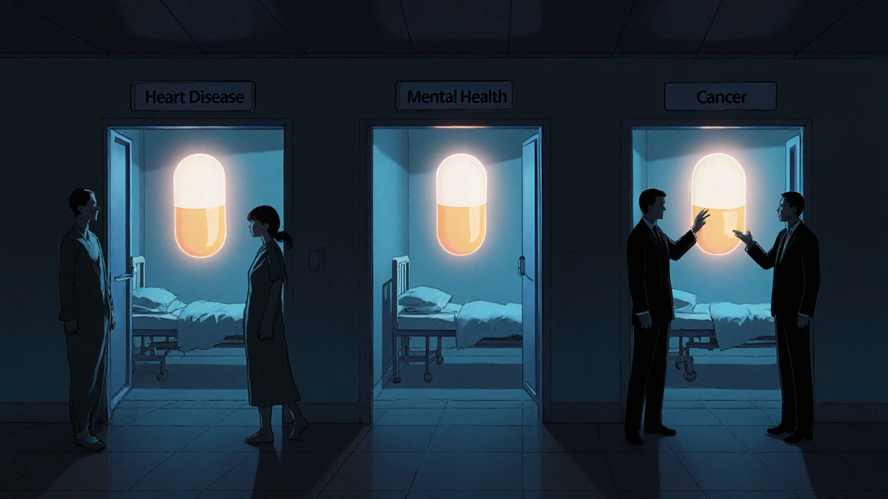 Patients in a hospital hallway surrounded by glowing generic pills that cast light against shadowy corporate figures.
