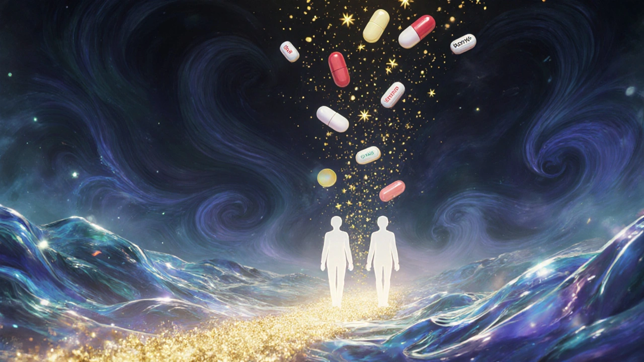 Pills dissolving into golden particles along a luminous path through a surreal digestive tract.
