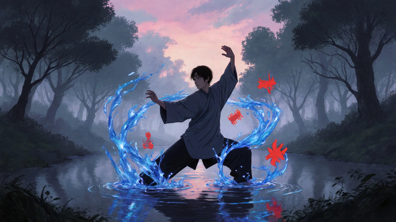 Someone practicing tai chi in a misty forest, with calming energy waves dissolving pain symbols around them.
