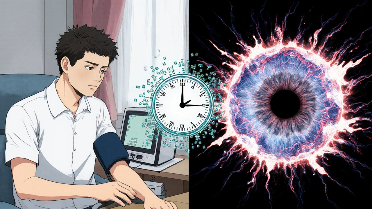 Split scene: man checking blood pressure at home while his retina erupts into a storm of damaged vessels, with a melting clock between them.