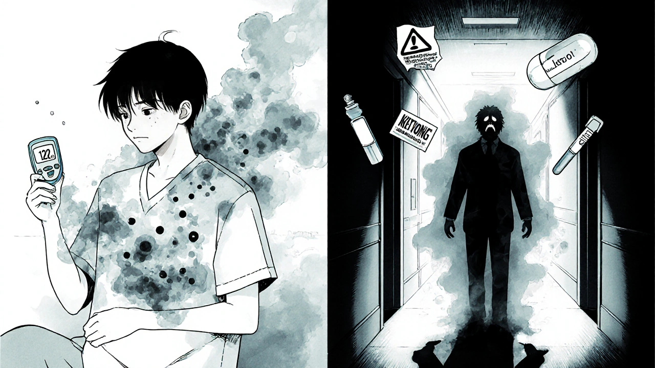 Split scene: person relieved by normal glucose reading while dark ketone smoke surrounds them, later collapsing in hospital with floating medical symbols.