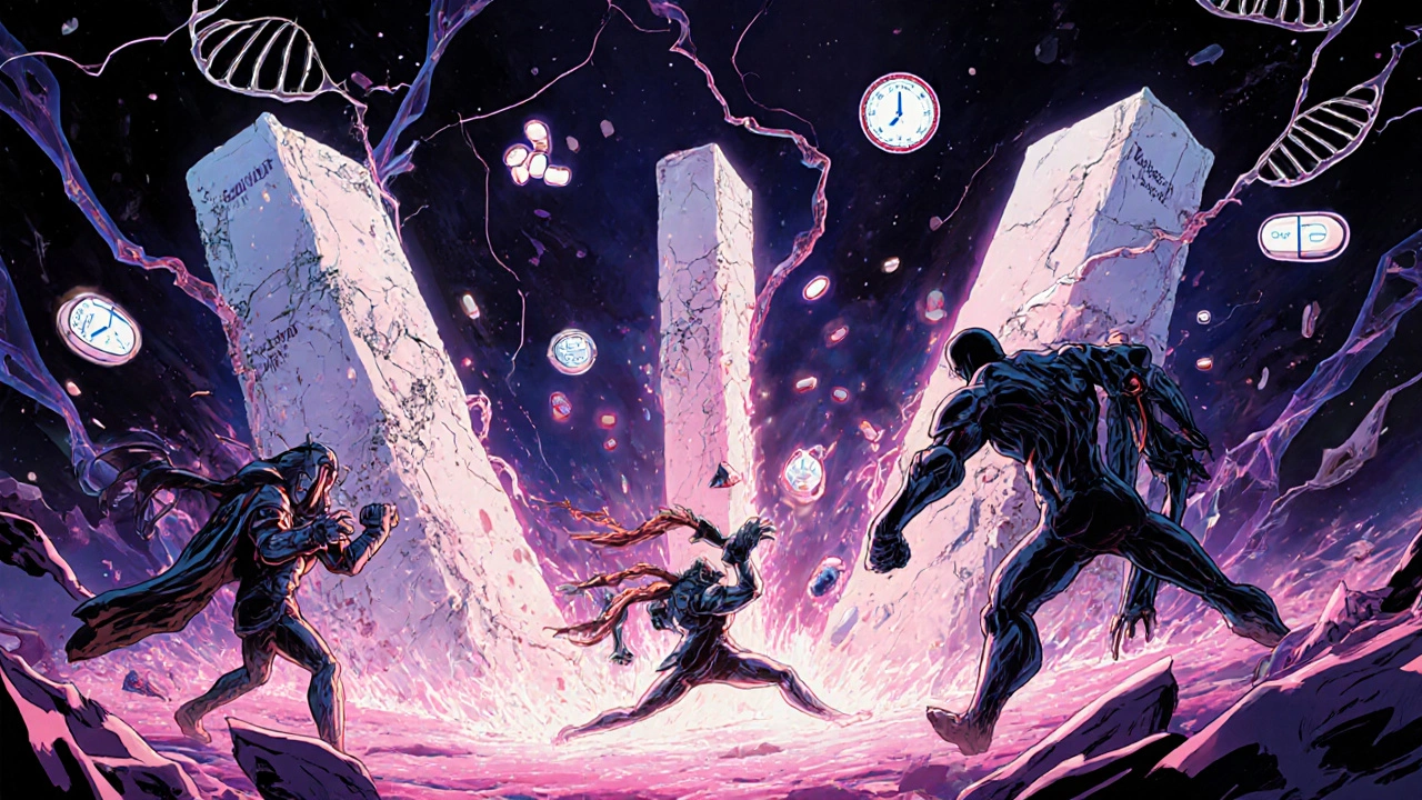 Symbolic battle inside a cell between three anti-androgen warriors fighting testosterone demons in neon-lit DNA strands.