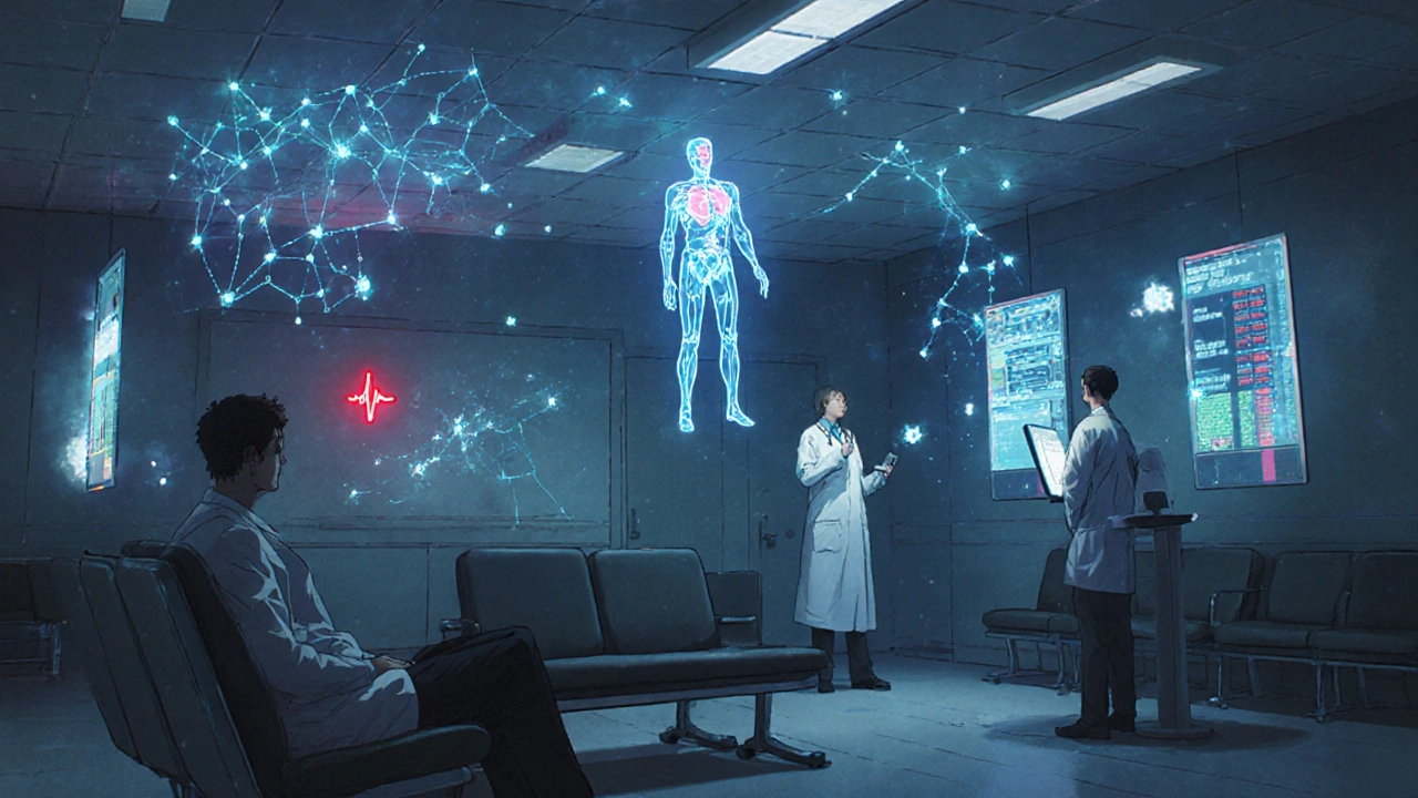 Translucent patients floating in a clinic, their vital data streams glowing like neon constellations, surrounded by overwhelmed doctors.