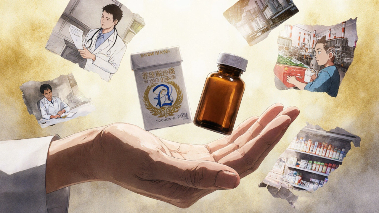 Two identical pills floating mid-air, surrounded by fragmented scenes of healthcare, manufacturing, and patients.