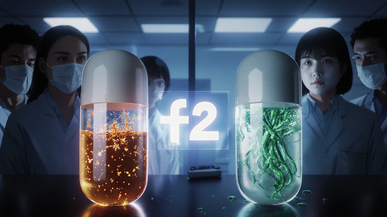 Two pills dissolving differently in acidic and alkaline fluids, with a glowing f2 score between them.