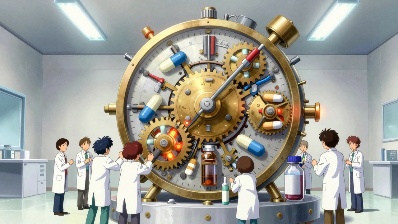 A clockwork machine made of drug components, with tiny figures adjusting quality control gears.