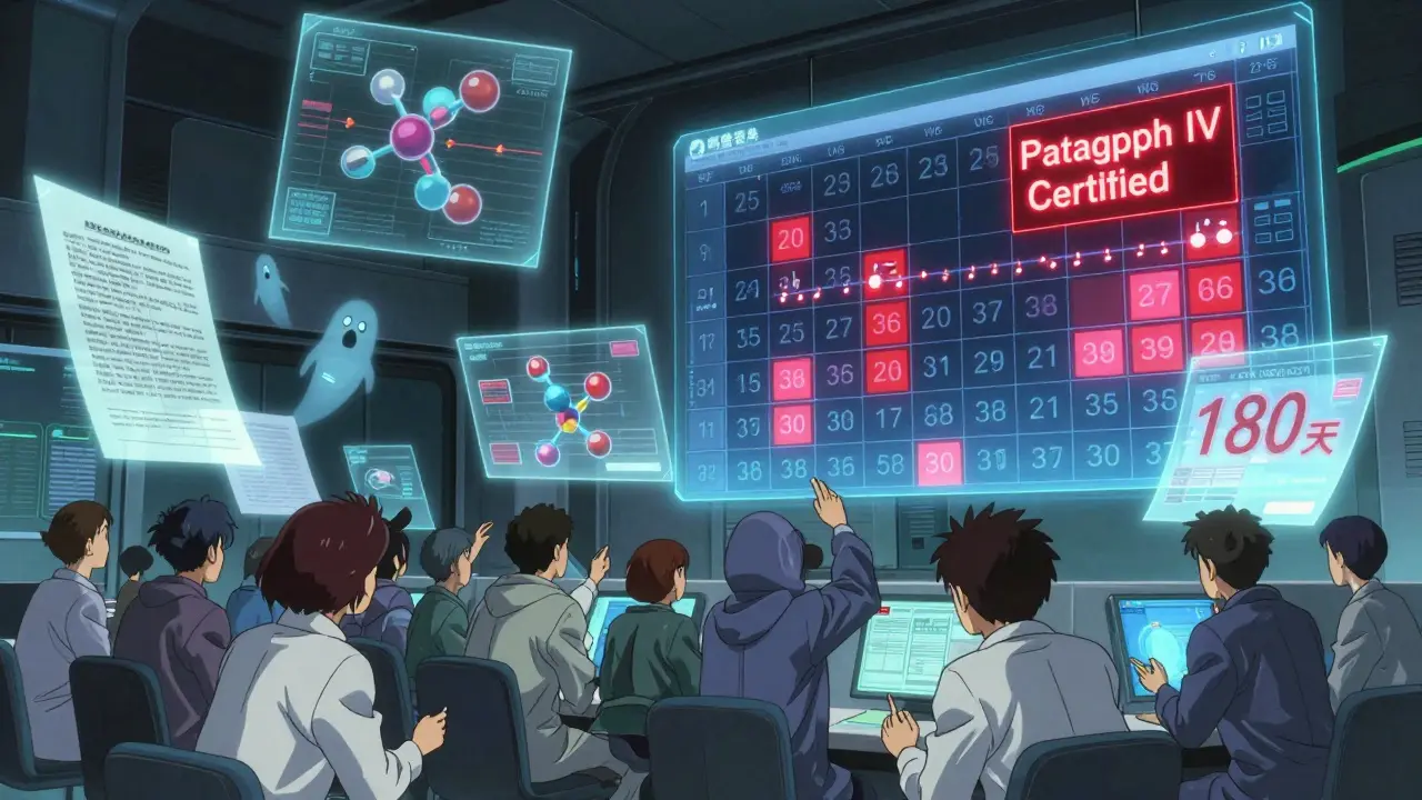 A control room with holograms of drug patents and countdowns, analysts monitoring complex timelines.