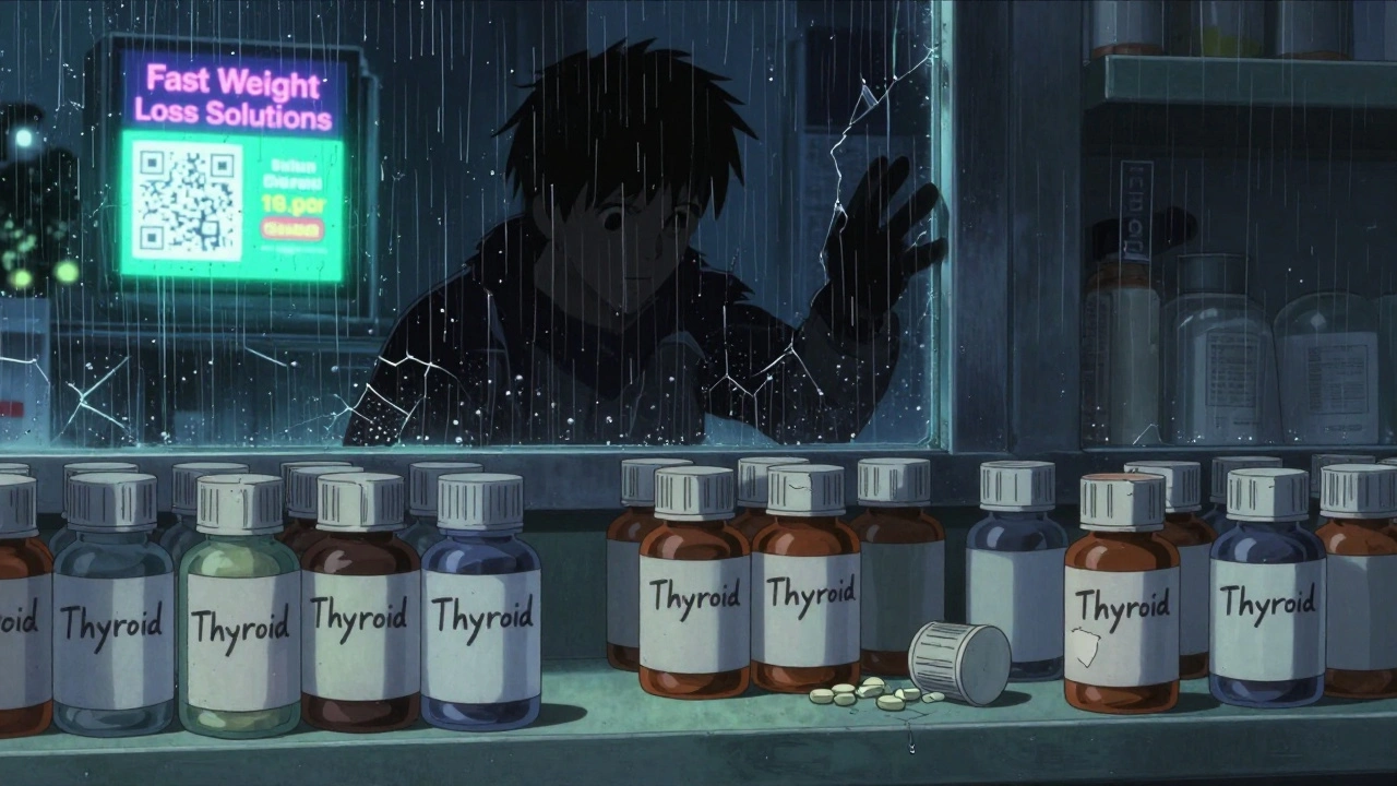 A dark pharmacy shelf at night with unlabeled thyroid pills spilling out, a shadowy figure reaching through a window as a digital ad glows outside.