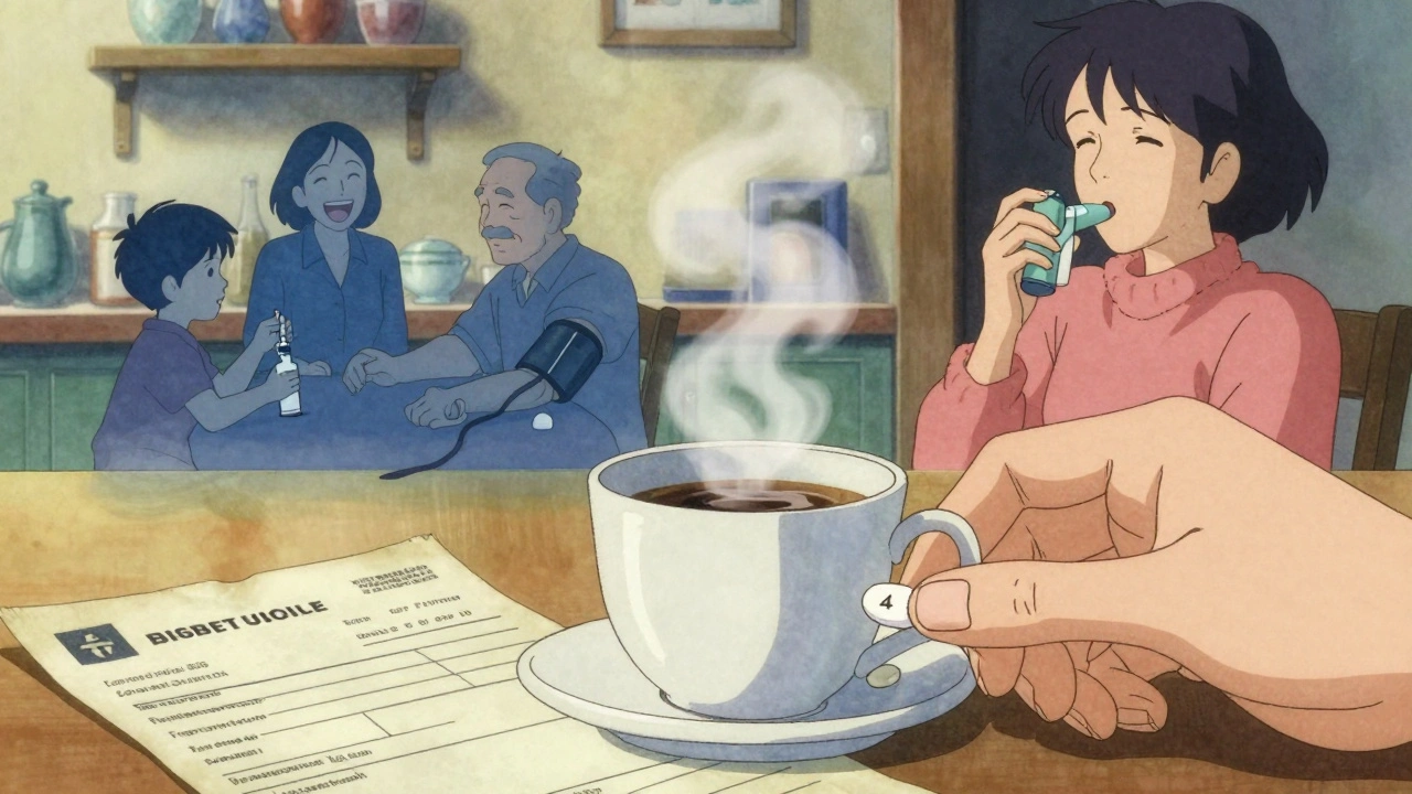A generic pill in a coffee cup beside a medical bill, steam forming a hopeful family scene.