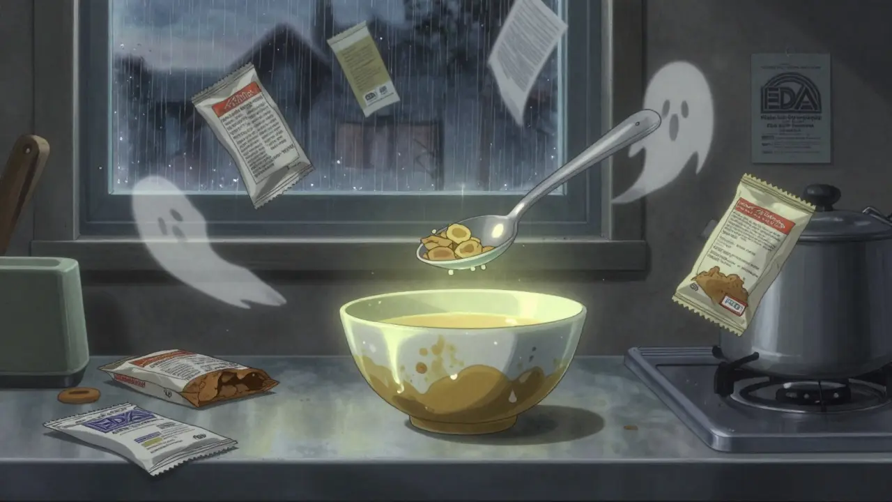 A lead-leaching ceramic bowl glows ominously beside a child’s cereal, floating FDA warnings in the air.