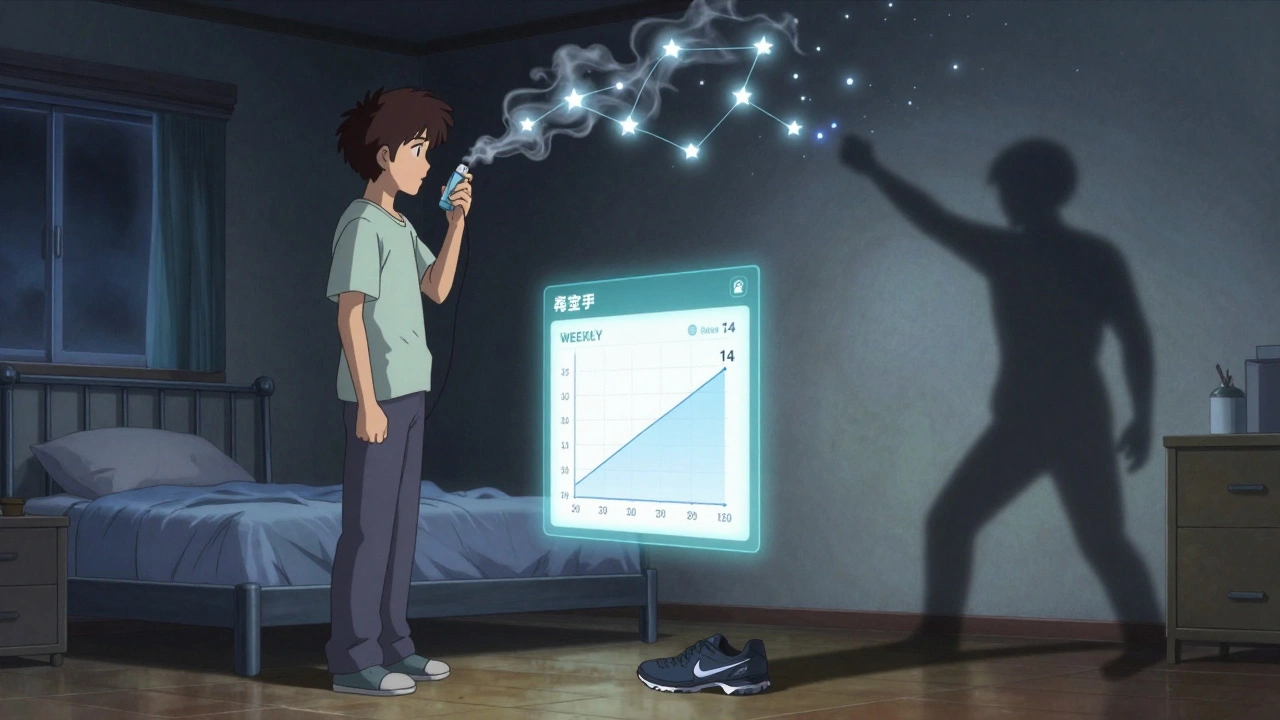 A man holding an inhaler as digital smoke forms stars of past ER visits, with a rising usage graph and his shadow reaching for running shoes.
