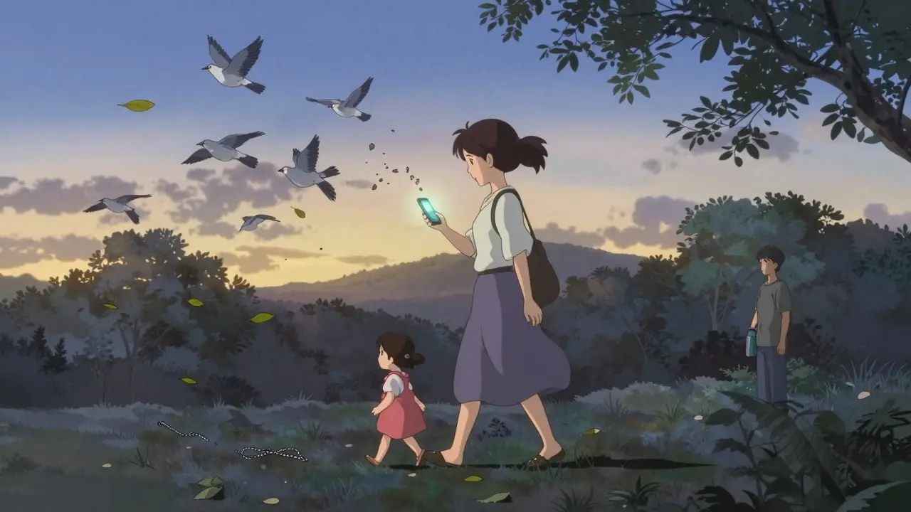 A new mother walking at dawn, thoughts dissolving around her as she begins to heal.