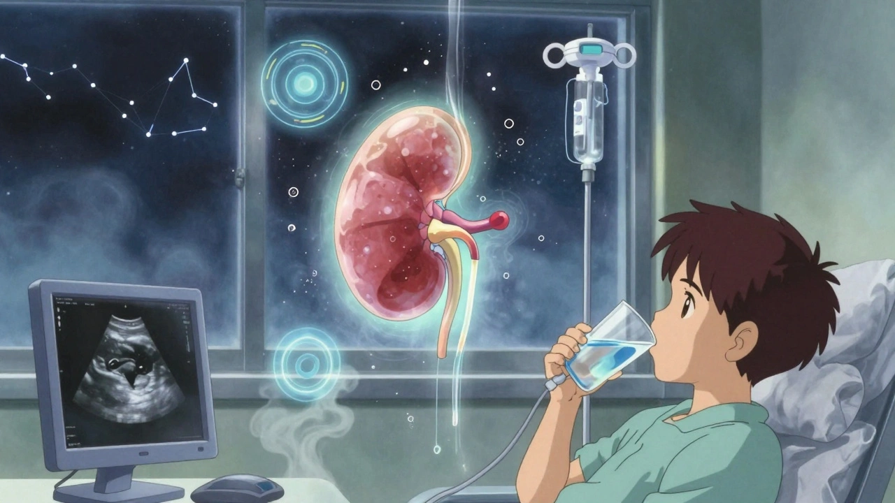 A patient drinking saline as water flows into a glowing kidney, with medical imaging symbols dissolving into mist under a starry night sky.