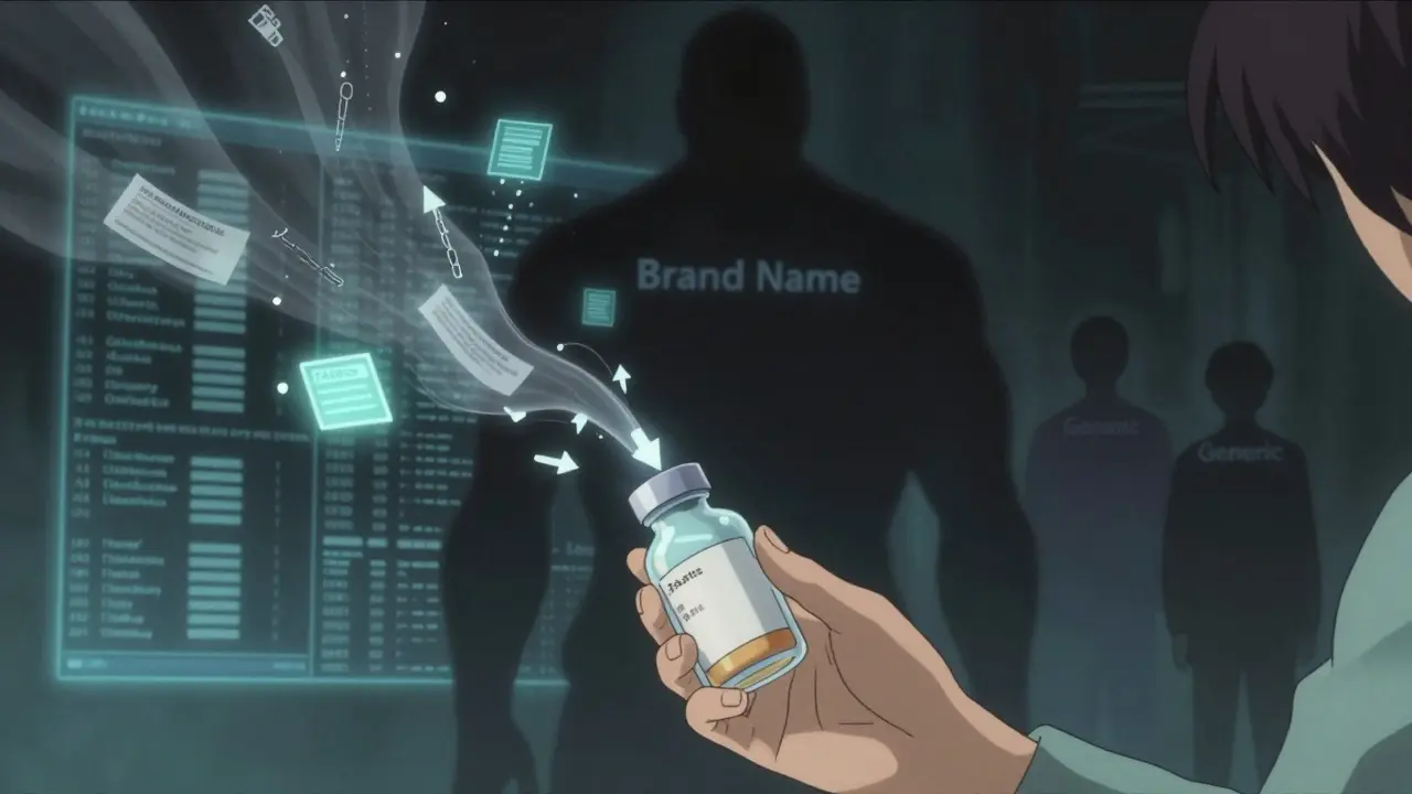 A patient holding a pill bottle as ghostly data streams show missing manufacturer info, with a looming brand-name shadow over reports.