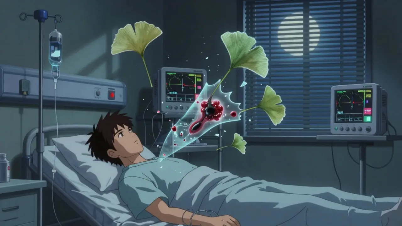 A patient in a hospital bed floats above with shattering blood clot leaves and spiked INR monitors.