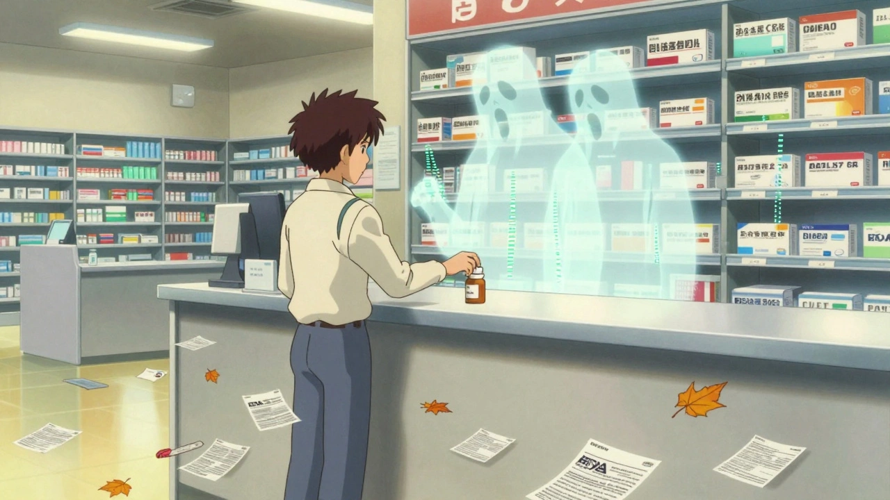 A patient reaching for a generic pill as a ghostly brand-name version fades into data streams.