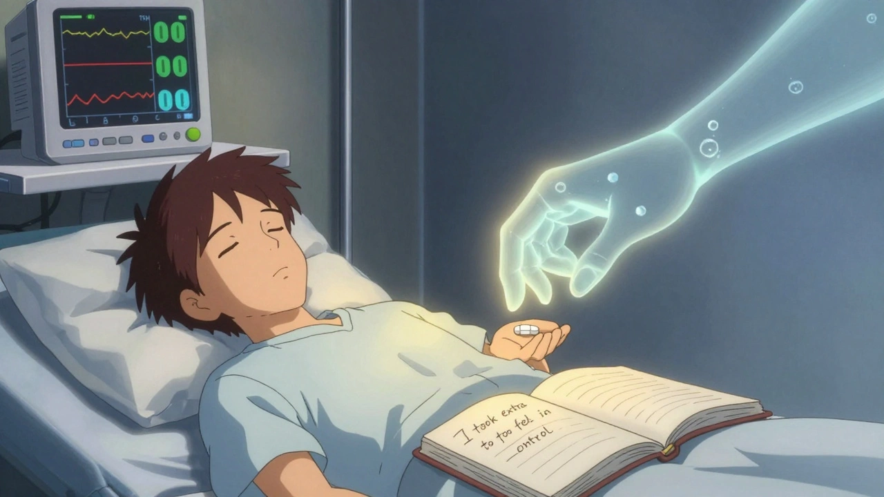 A patient sleeps in a hospital room as a ghostly hand made of hormone molecules places a pill into their palm, with a monitor displaying stable thyroid levels.