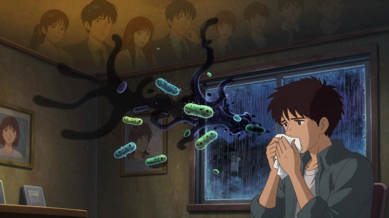 A person coughing as shadowy TB bacteria spread toward watching figures in a rainy room.