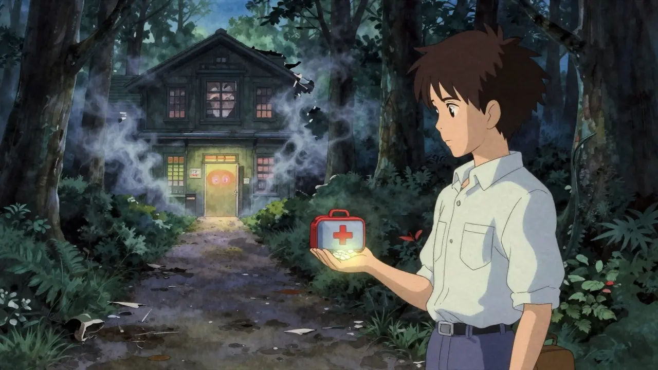 A person stands at a forest path with an emergency kit, as a crumbling pharmacy fades behind them.