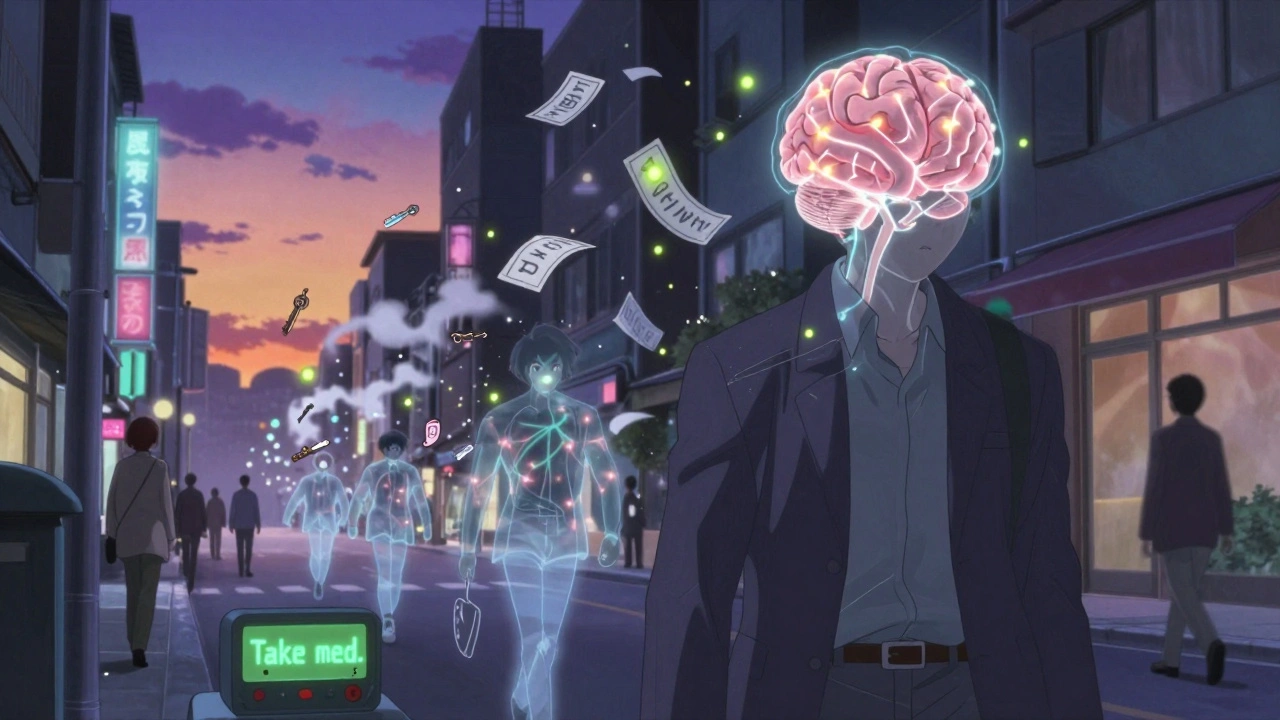 A person walking at night with a transparent brain showing neural activity, chased by floating lost items in a neon city.