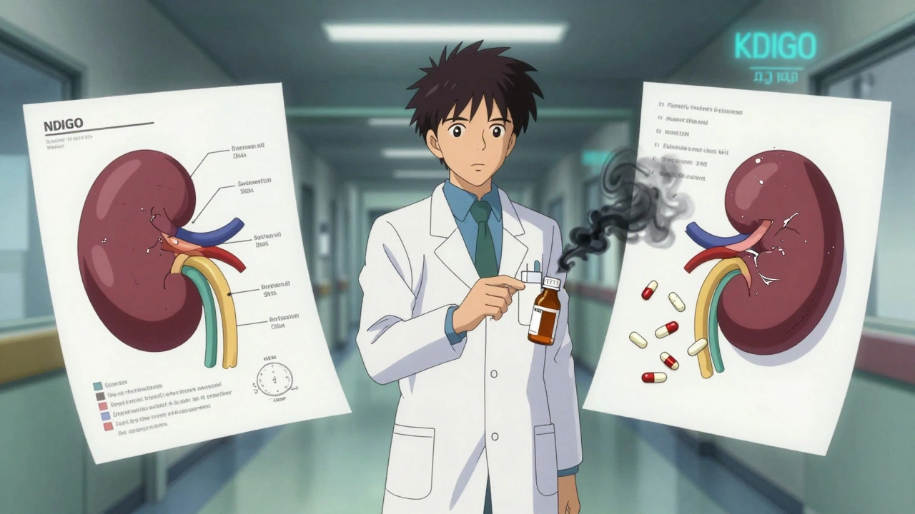 A pharmacist handing a patient acetaminophen while NSAID pills dissolve into smoke, medical charts floating with kidney function comparisons.