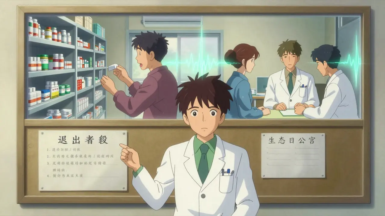 A pharmacist posting a calm notice while surreal split-screens show panic versus calm patient responses.