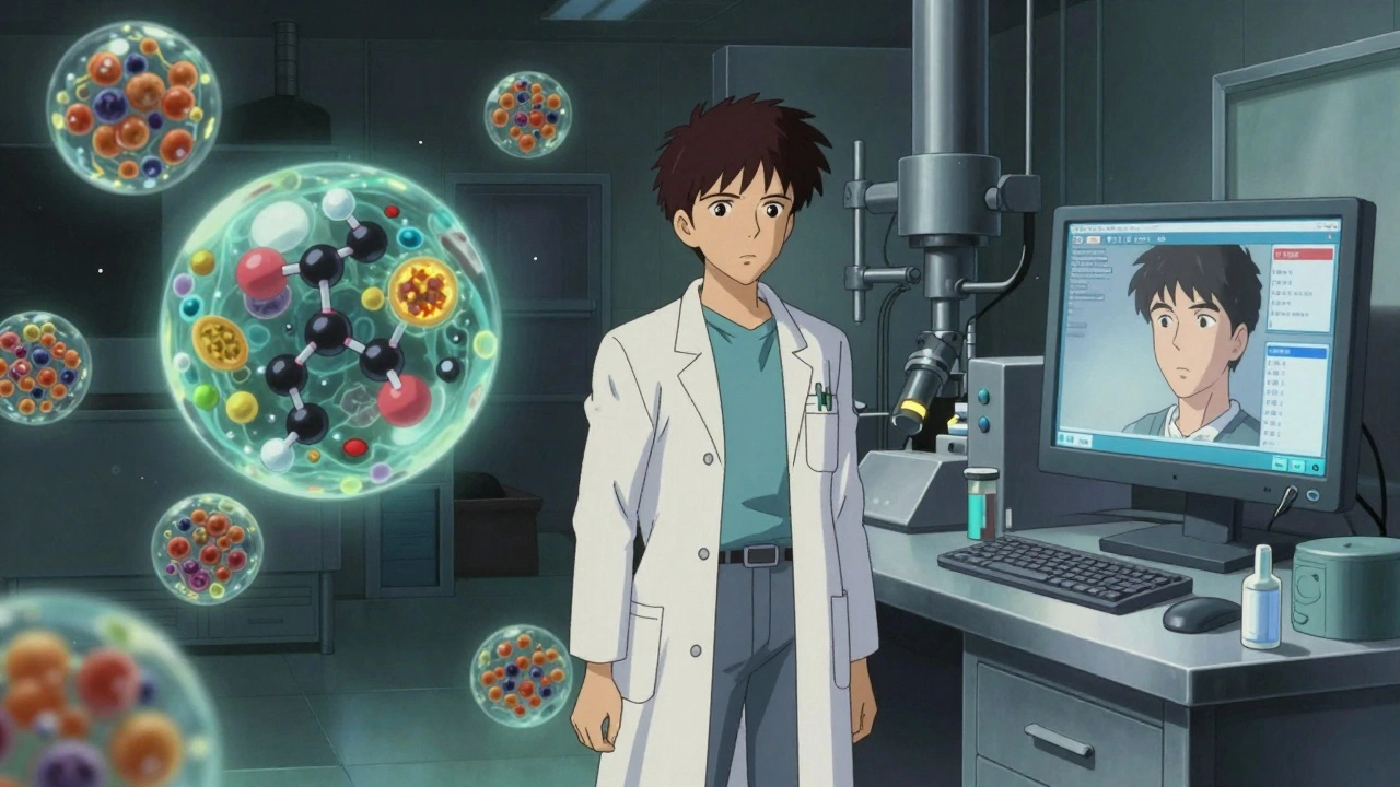 A pharmacist stands between two worlds: a living-cell biosimilar and a mechanical generic factory, with a patient’s worried face reflected on a screen.