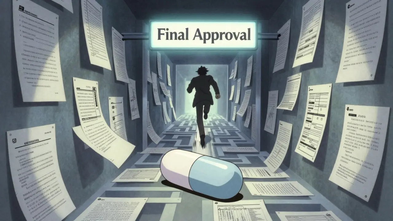 A pill rolls through a maze of legal documents toward 'Final Approval', with a leading company ahead.