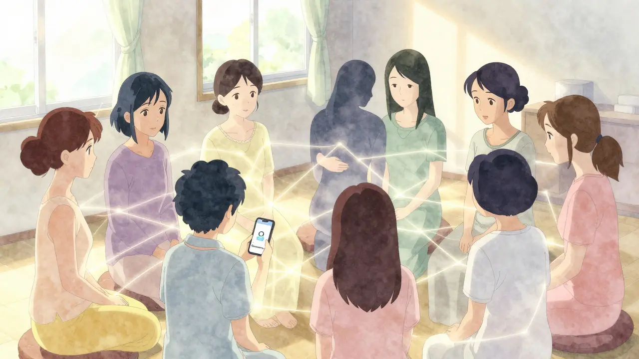 A supportive group of new mothers connected by glowing threads in a sunlit room.