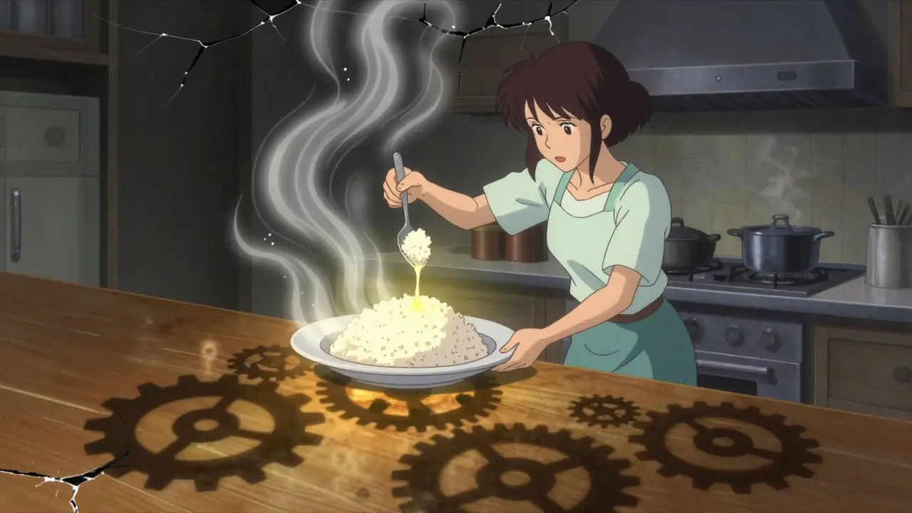 A woman adds food to her plate as thermal waves rise, warming the air and reactivating hidden metabolic gears.