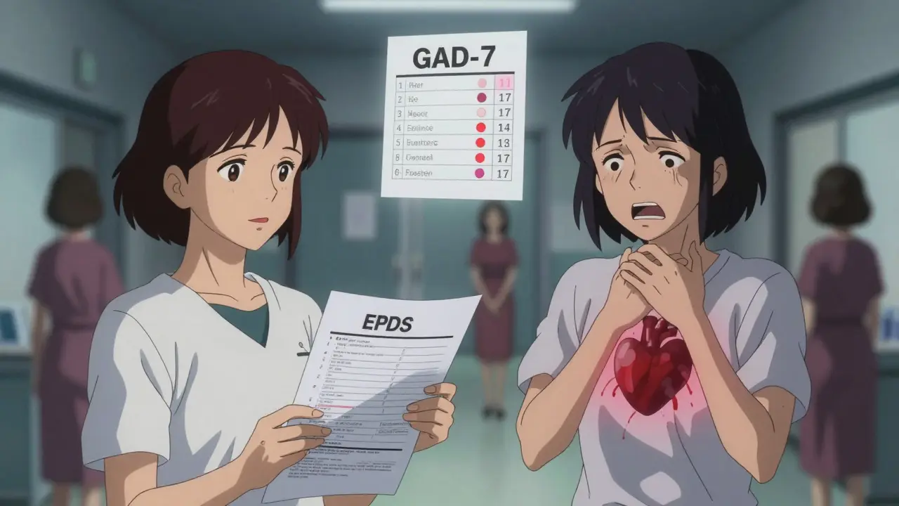 A woman in a clinic with two spectral versions of herself, representing societal expectations versus inner turmoil.