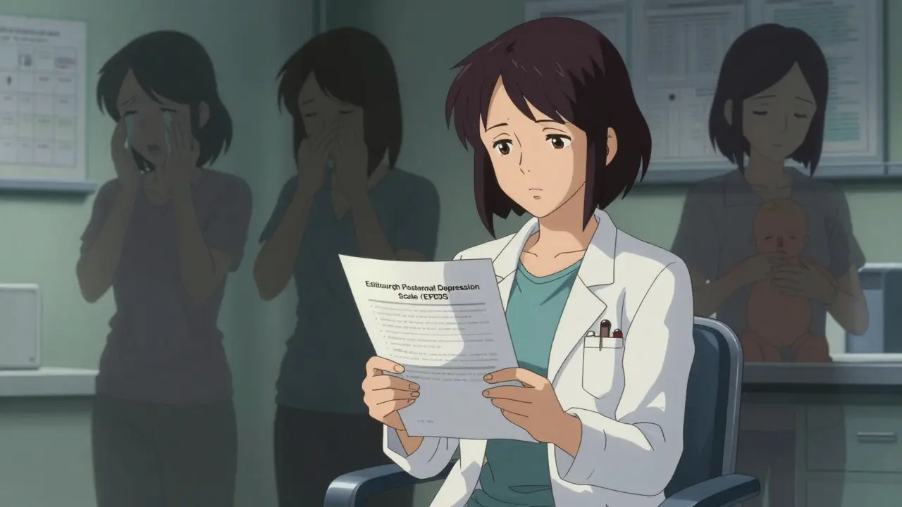 A woman in a doctor's office with fragmented versions of herself representing postpartum anxiety.